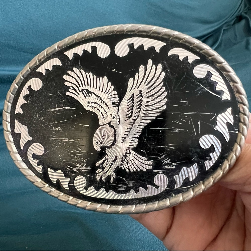 Vintage 1980’s Eagle Enamel And Silvertone Belt Buckle Sold Out Made in USA